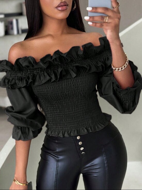 MODA ME COUTURE Tops - Black Casual Women's Ruffle Decor Off-Shoulder Cropped Top